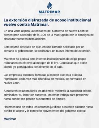 Pedrera Matrimar denuncia “acoso institucional” al gobierno de Nuevo León